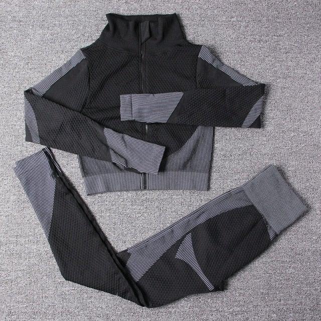 Sexy running outfit: Long Sleeve Crop Top + Compression Tights + Sports Bra