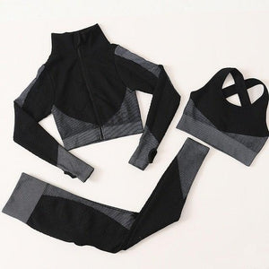 Sexy running outfit: Long Sleeve Crop Top + Compression Tights + Sports Bra